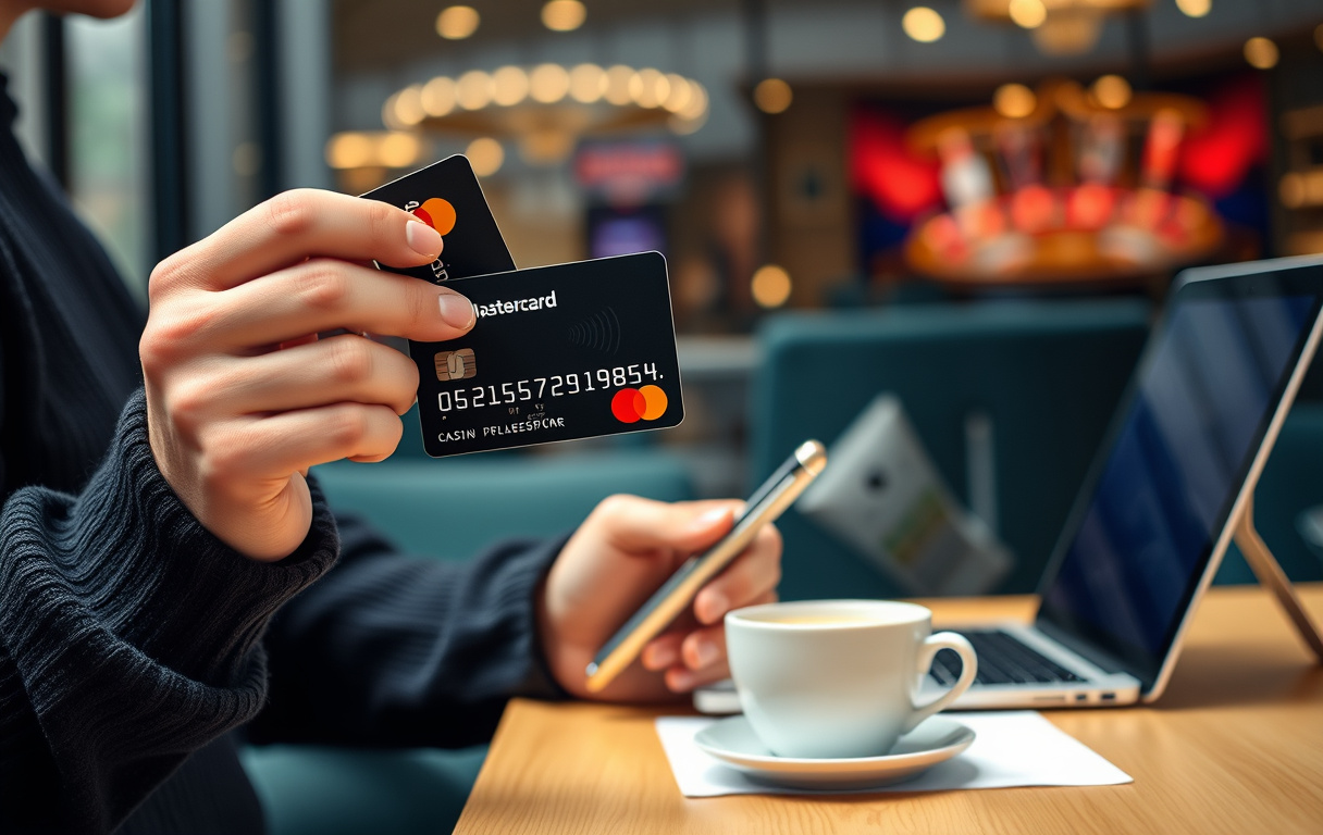 En person som holder et Mastercard debetkort ved siden av en mobiltelefon med casino på skjermen.