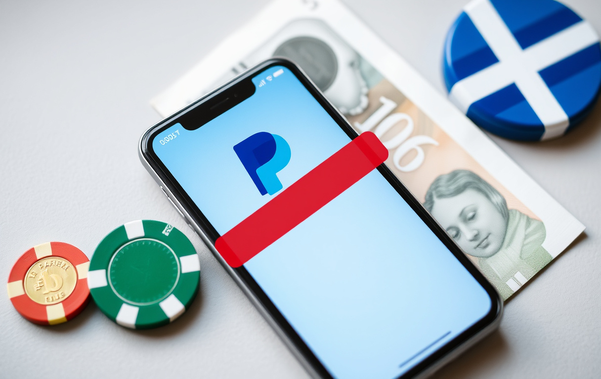 Smarttelefon med PayPal-app og casino-chip, blokkert-symbol.