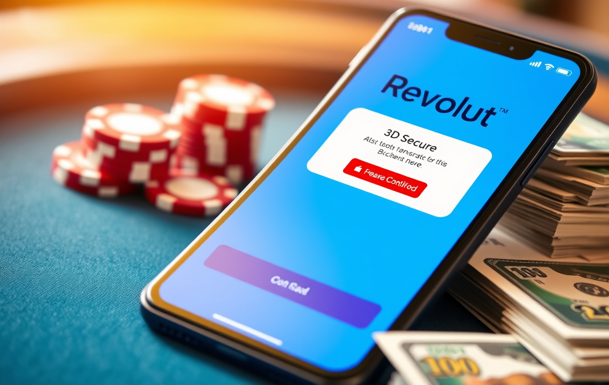 Revolut-app på mobil med 3D Secure-bekreftelse ved siden av casinobrikker og kontanter.