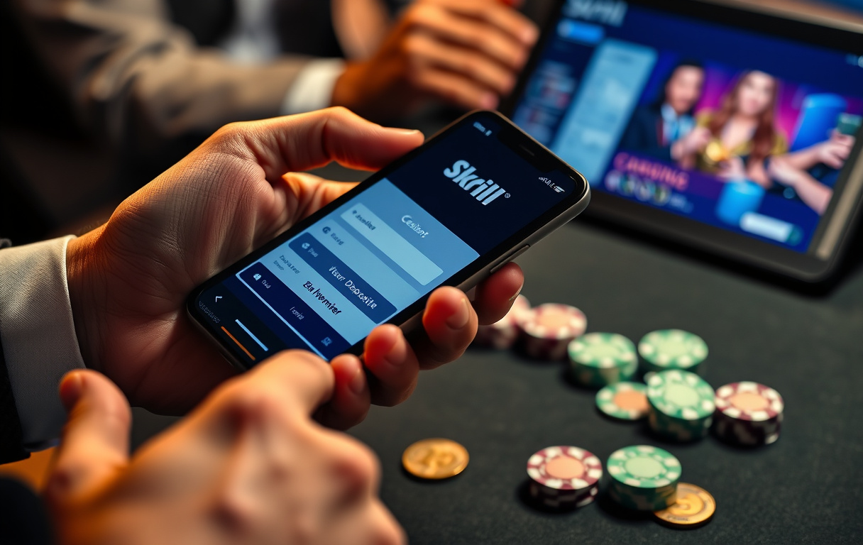 Hånd som holder mobil med Skrill-appen, casino-brikker i bakgrunnen