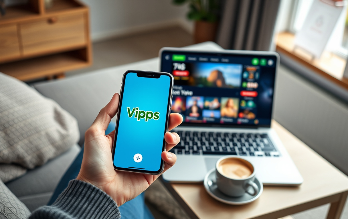 Person med Vipps-app på mobil og casino på laptop
