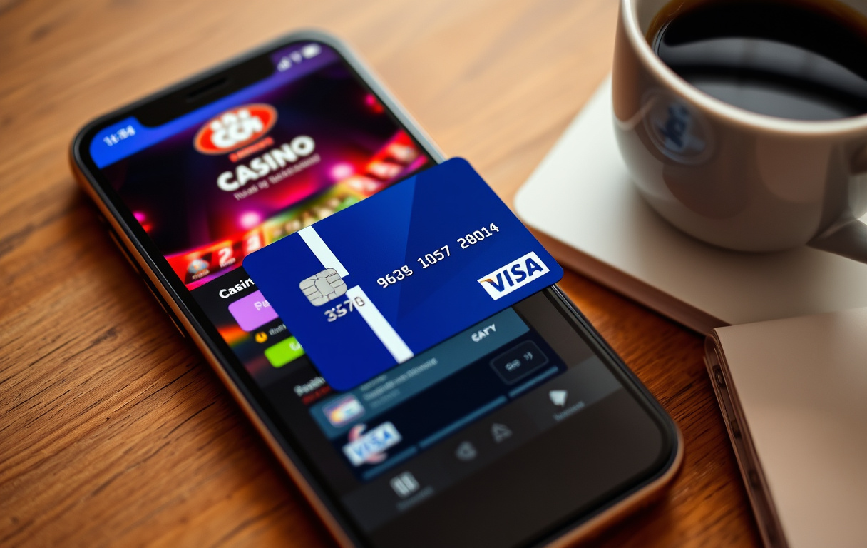 Norsk Visa-kort liggende ved en mobiltelefon med casinoinnskuddsskjerm