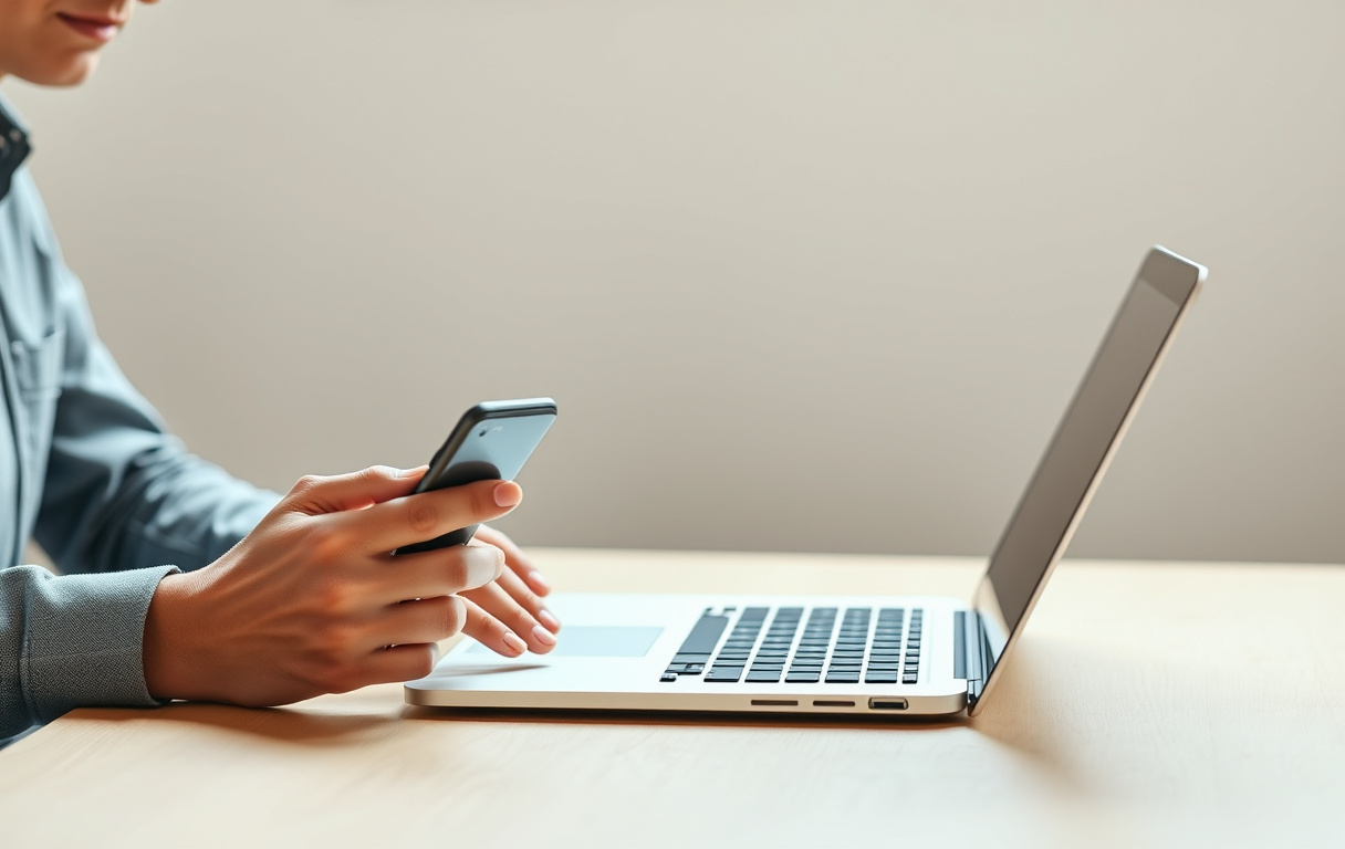 Person som sitter ved et skrivebord med laptop og telefon, live chat-boble synlig på skjermen.