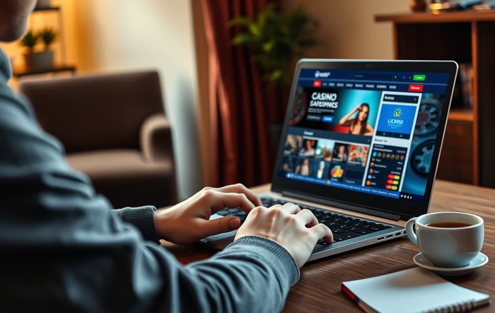 En person sitter ved et skrivebord og ser på et nettside for et casino på en bærbar PC.