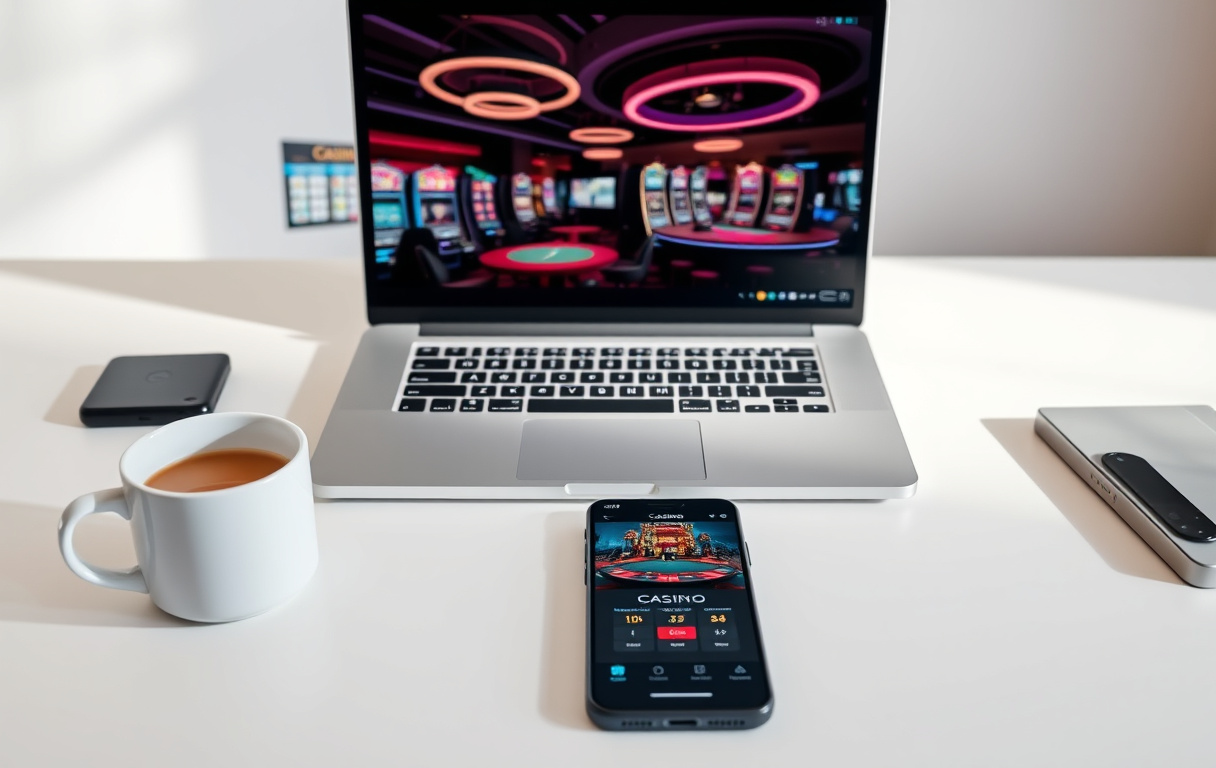 Moderne skrivebord med laptop som viser et nettcasino, kaffekopp og mobiltelefon med casino-app