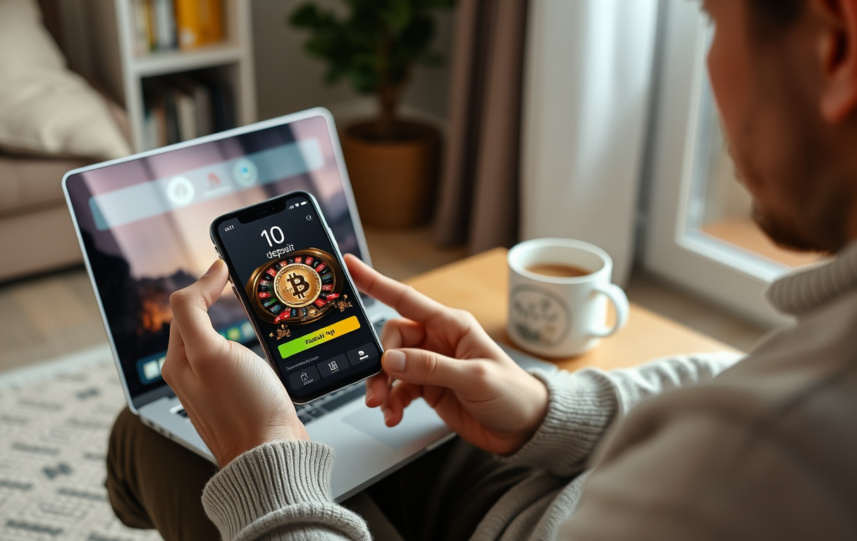 Person med laptop og mobil som viser innskudd på 10 kr på et casino, med Bitcoin-symbol.