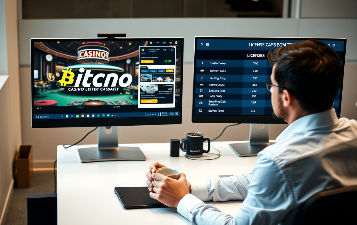 Person som sammenligner kryptocasinoer på to skjermer med lisens- og bonusinformasjon