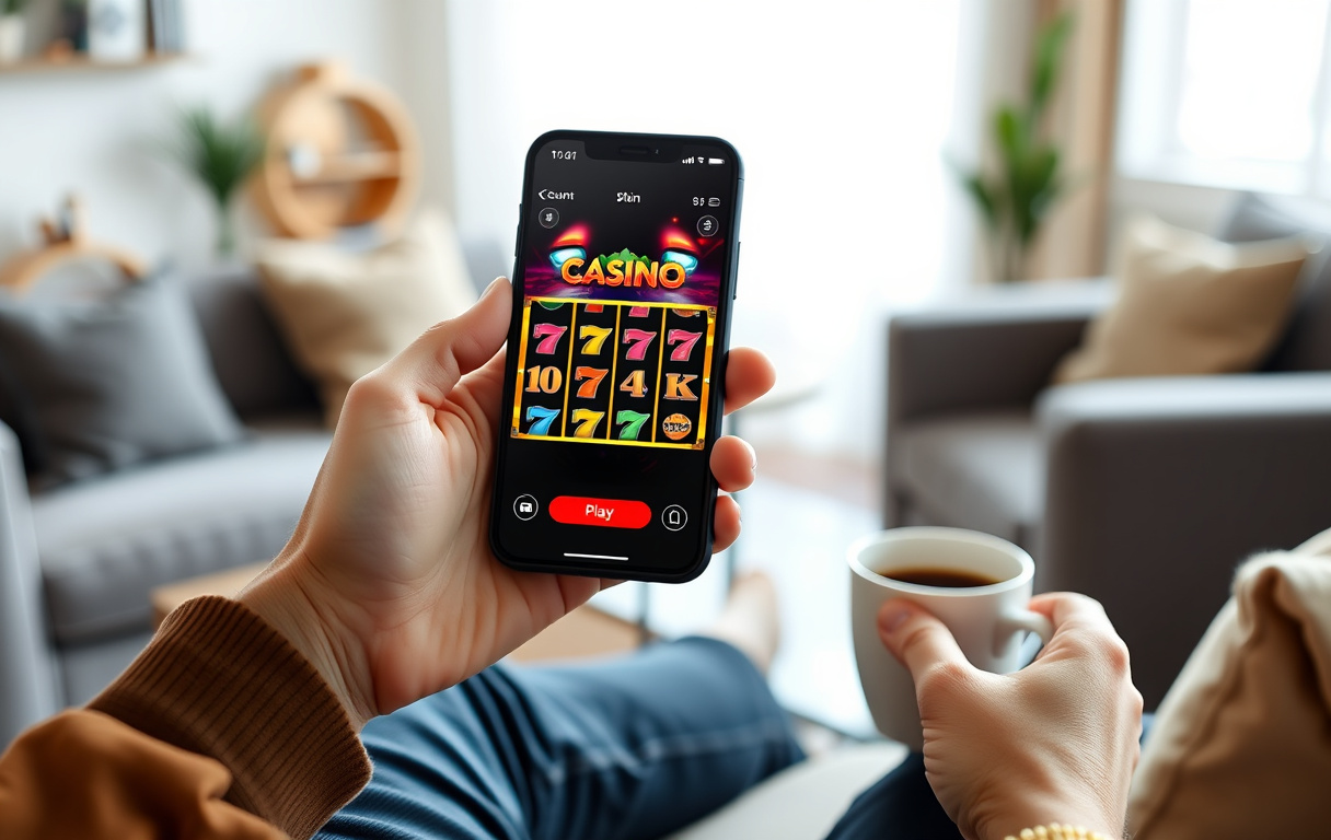 Person som spiller på mobilcasino i stuen med kopp kaffe og smarttelefon med spilleautomat