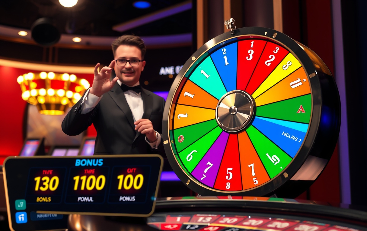 Live casino host spinner Crazy Time-hjulet med bonussegmenter og multiplikatorer synlig.