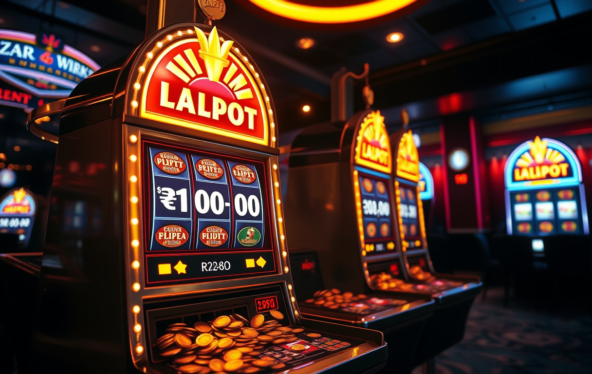 Glødende jackpot spilleautomat med mynter som renner ut, skjermen viser progressiv jackpot i norske kroner