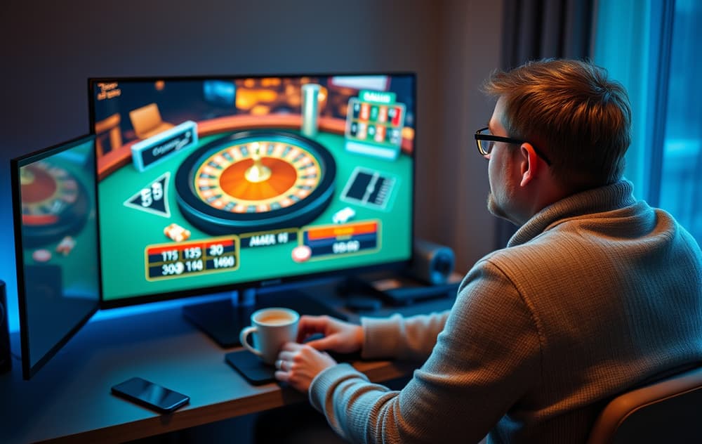 Norsk spiller som ser på live casino med dealer på skjermen, kaffekopp og mobil på bordet.